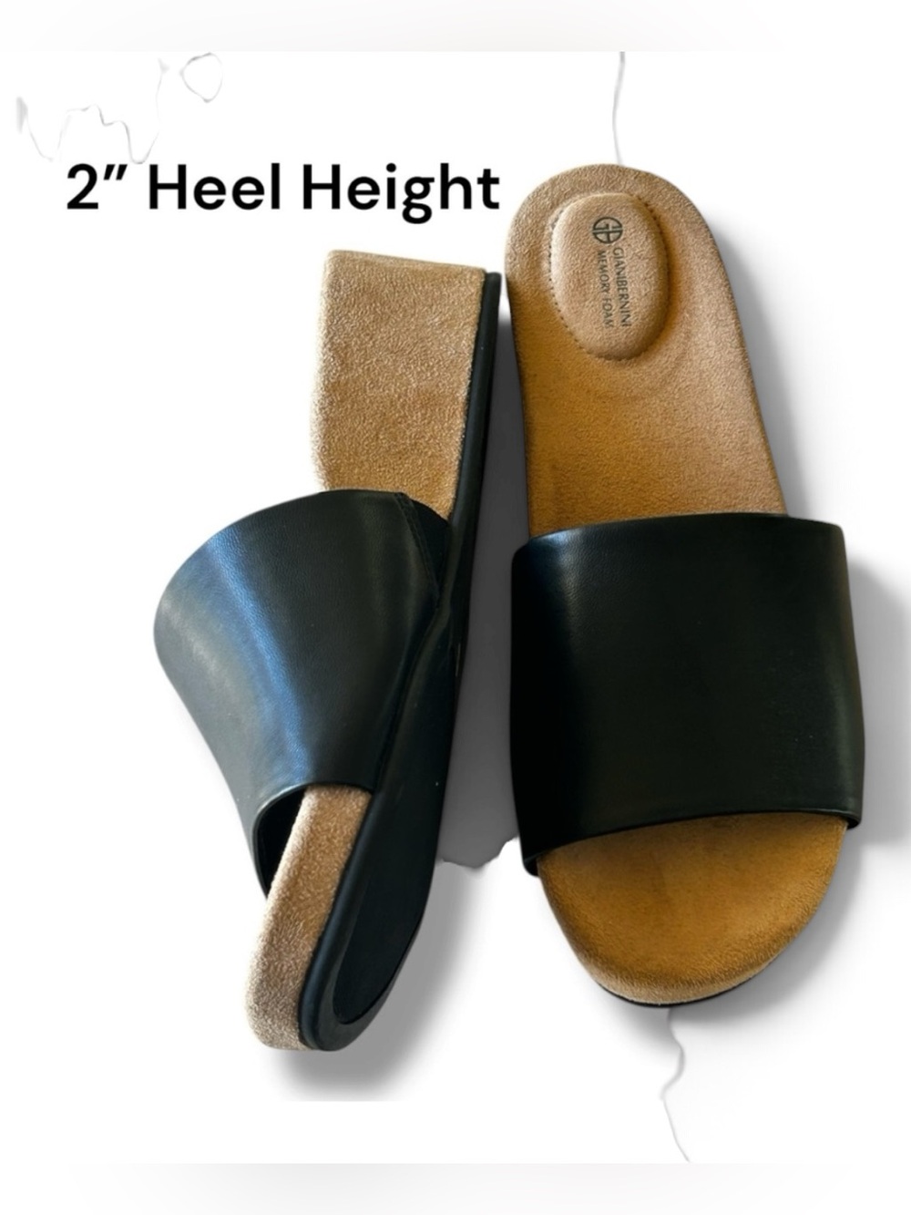 Giani Bernini Black Slide Wedge Mules with Tan Footbed